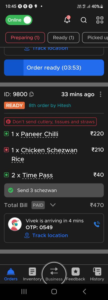 SHiteshofficial's tweet photo. @zomatocare My order is ready from last 45 minutes, Pfa restaurant owner sent me the photo of the same, however still it is showing 22minuts ‘preparation the order’, when called ur rider,he said he is changing his vehicle battery,is this the way ur riders work?I want compensation https://t.co/gXb6oyh3I4