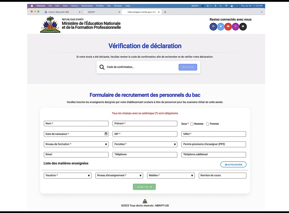 IMPORTANT RAPPEL.
La plateforme pour le recrutement en ligne obligatoire des personnels du bac est disponible pour les directions d'école au menfp.gouv.ht/#/home. Chaque enseignant (e)  recevra en ligne une lettre de confirmation avec un "code QR", à travers son email qui lui
