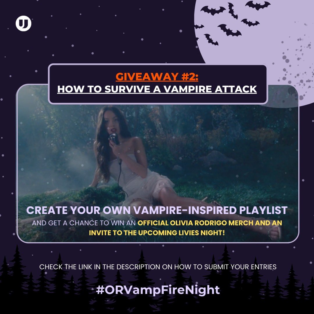 UMG_PH's tweet photo. Hey Filo Livies! Who wants to win an official @oliviarodrigo merch AND an invite to the Livies Night: VampFire Night 🧛🏻‍♀️

Just create your vampire-inspired playlist + make sure to be creative on the title & cover for higher chance of winning! 😉

Submit your entries here: https://t.co/slMxhAD3wn