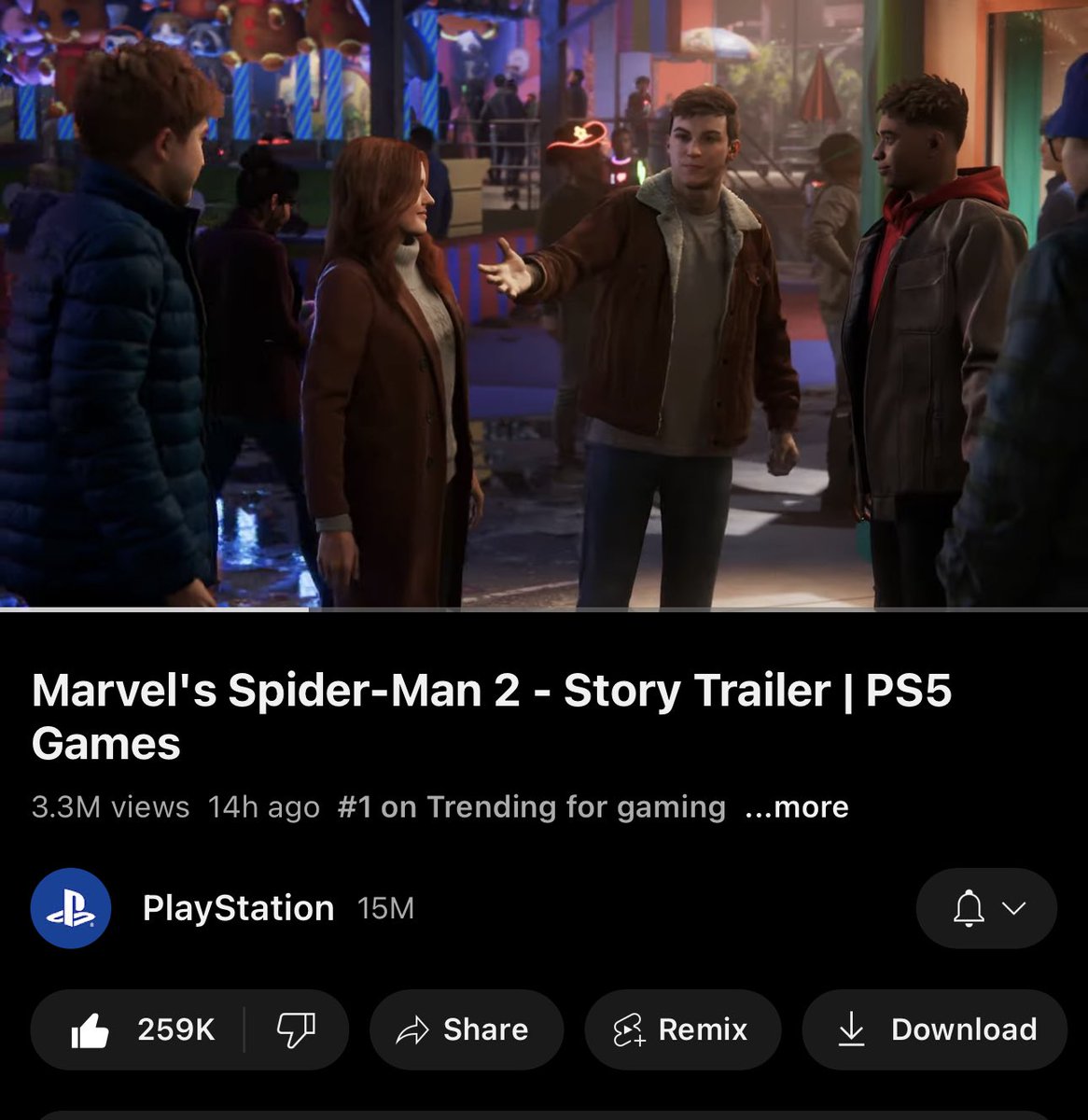 Marvel’s Spider-Man 2 Story Trailer is sitting at 3.3 million views in less than 24 hours 

THE HYPE IS REAL! #BeGreaterTogether #SpiderMan2 #SpiderManPS5 https://t.co/1YAVgXEenR