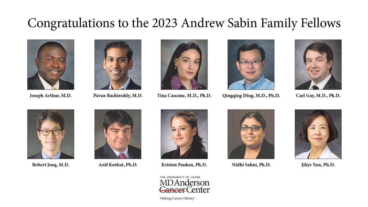 MD Anderson Cancer Center (@mdandersonnews) on Twitter photo Congratulations to the 2023 class of Andrew Sabin Family Fellows. This fellowship program provides funding to 10 early career clinicians and scientists to deliver breakthroughs to #EndCancer.
bit.ly/44Vx2Ge <a href="/JosephArthurMD/">Joseph Arthur, MD</a> <a href="/QQingDing/">Qing Ding, MD/PHD</a> <a href="/RobJenqMD/">Robert Jenq</a> <a href="/pbachi/">Pavan Bachireddy</a> <a href="/anilkorkut/">Anil Korkut</a> Congratulations to the 2023 class of Andrew Sabin Family Fellows. This fellowship program provides funding to 10 early career clinicians and scientists to deliver breakthroughs to #EndCancer.
bit.ly/44Vx2Ge <a href="/JosephArthurMD/">Joseph Arthur, MD</a> <a href="/QQingDing/">Qing Ding, MD/PHD</a> <a href="/RobJenqMD/">Robert Jenq</a> <a href="/pbachi/">Pavan Bachireddy</a> <a href="/anilkorkut/">Anil Korkut</a>