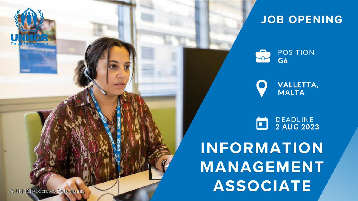 UNHCRCareers's tweet image. 🙋Are you an expert in Information Management? 

@Refugees is hiring for an Information Management Associate (G6) in Valetta, Malta.

➡️For more info and to apply before 2 Aug 2023, please visit unhcr.org/careers.