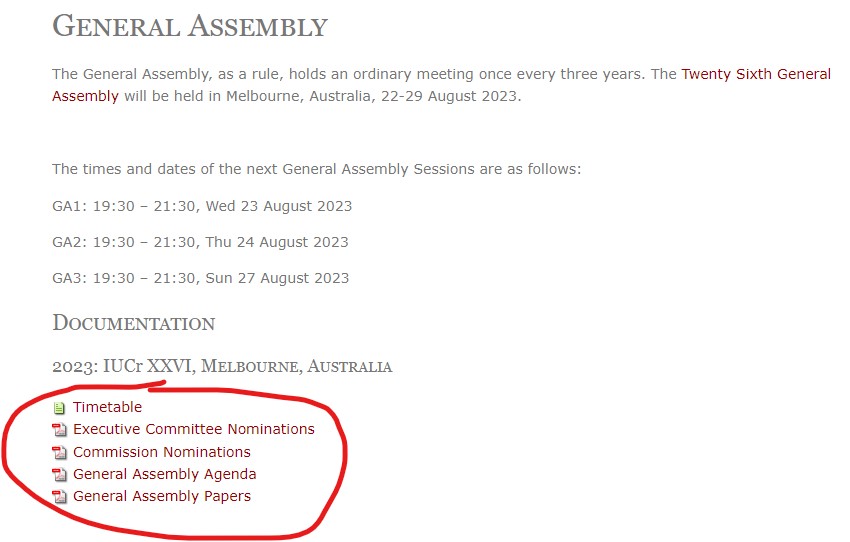 An update to the <a href="/IUCr/">IUCr</a> General Assembly papers has just been released. Take a look if you're interested in who the candidates are for the upcoming Executive Committee election in Melbourne at <a href="/IUCr2023/">IUCr2023</a>  iucr.org/iucr/governanc…