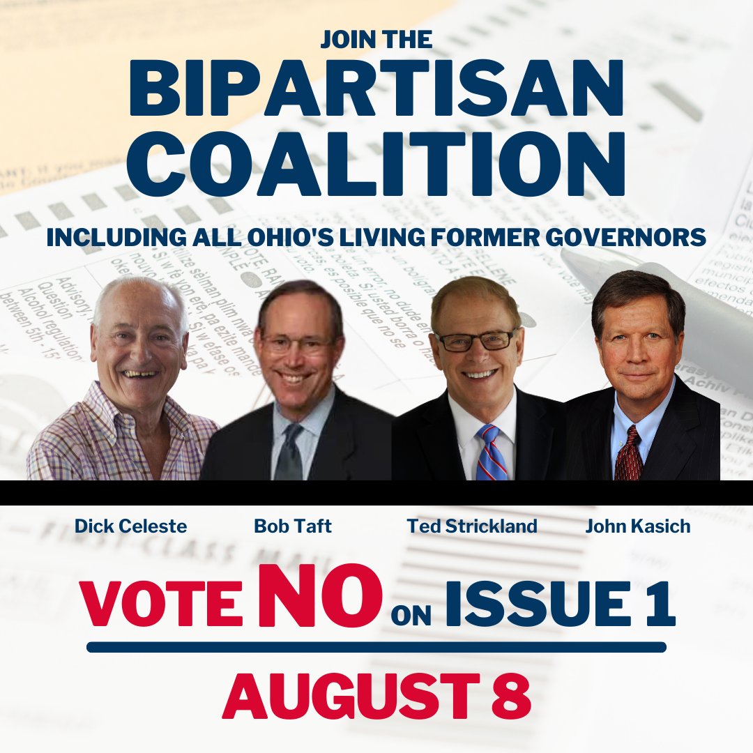 SummitExecutive's tweet photo. When you vote NO on August 8th, you join four former #Ohio governors, Republican and Democrat, in protecting our democracy.

Support the bipartisan coalition.

#VoteNoinAugust and preserve your power as a voter! https://t.co/g06kGfKXGX