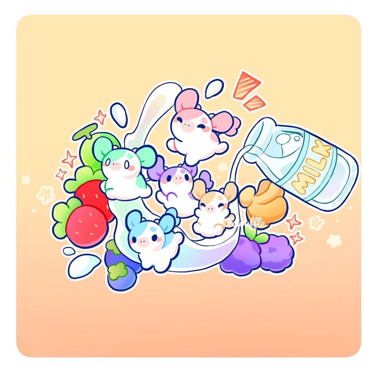 fuwuffle's tweet photo. A fruity milk surprise with the pastel cow friends! What’s your favorite milk flavor? 👀🥛 My favorite is chocolate, but I’ve been wanting to try other flavors like banana recently~ 😋 

#fuwuffle #pastelcows #cuteart https://t.co/Dfpij7MW8r