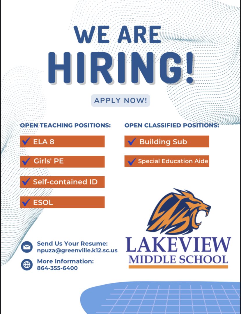 Come work with <a href="/gcschools/">Greenville County Schools</a> at Lakeview Middle! We are a proud part of the <a href="/ontrackgvl/">OnTrack Greenville</a> family and work with @PEPGreenville to support our amazing educators! #askmeaboutlakeview