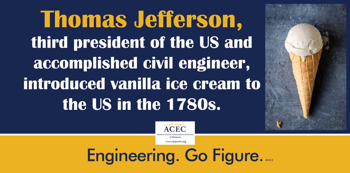 ACECMN's tweet photo. Sunday is #VanillaIceCreamDay. Did you know that vanilla ice cream was introduced to the United States when Thomas Jefferson discovered the flavor in France and brought the recipe to the United States? #EngineeringGoFigure https://t.co/1T35zyJL4m