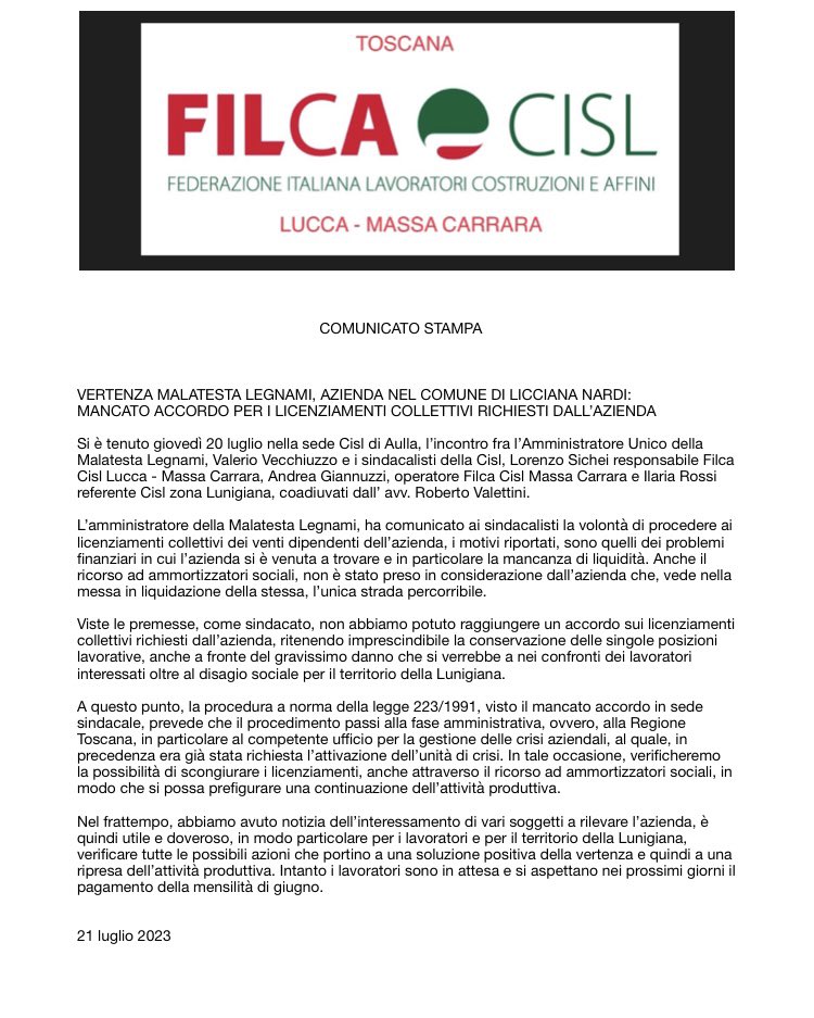 #MassaCarrara #Lunigiana Malatesta Legnami #sindacato #FilcaCisl