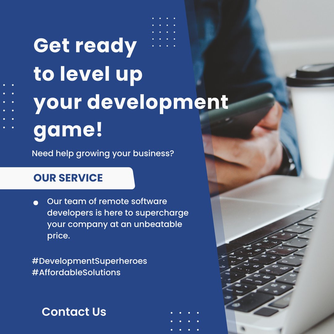 Get ready to level up your development game! 🚀👩‍💻 Our team of remote software developers is here to supercharge your company at an unbeatable price. #DevelopmentSuperheroes #AffordableSolutions