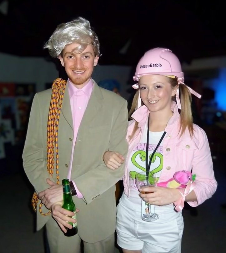 In celebration of #BarbieTheMovie here is <a href="/Palaeobarbie/">PalaeoBarbie</a> &amp; Mineral Ken at a staff party from a few years ago. 

Happy Barbie Day! 

#Barbie #palaeobarbie #Barbieday #FossilFriday