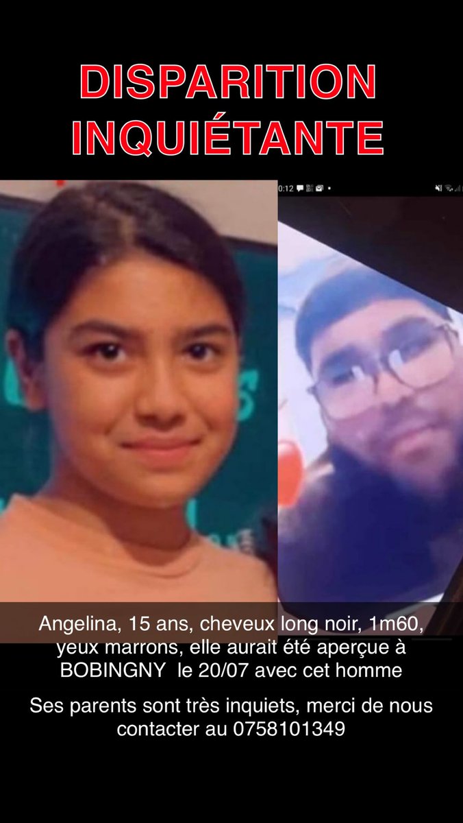 Soumaya783's tweet photo. ⚠️⚠️ Disparition depuis le mercredi 19/07 de Angelina 15 ans dans le 78(POISSY). 
Aperçu en compagnie de cet homme que personne ne connait ici à Bobigny (93) (source policière)
Si vous avez des infos contacter sa maman(numéro sur l'avis). 
Aidez nous a la retrouver ⚠️⚠️ https://t.co/jVH60x0cxO