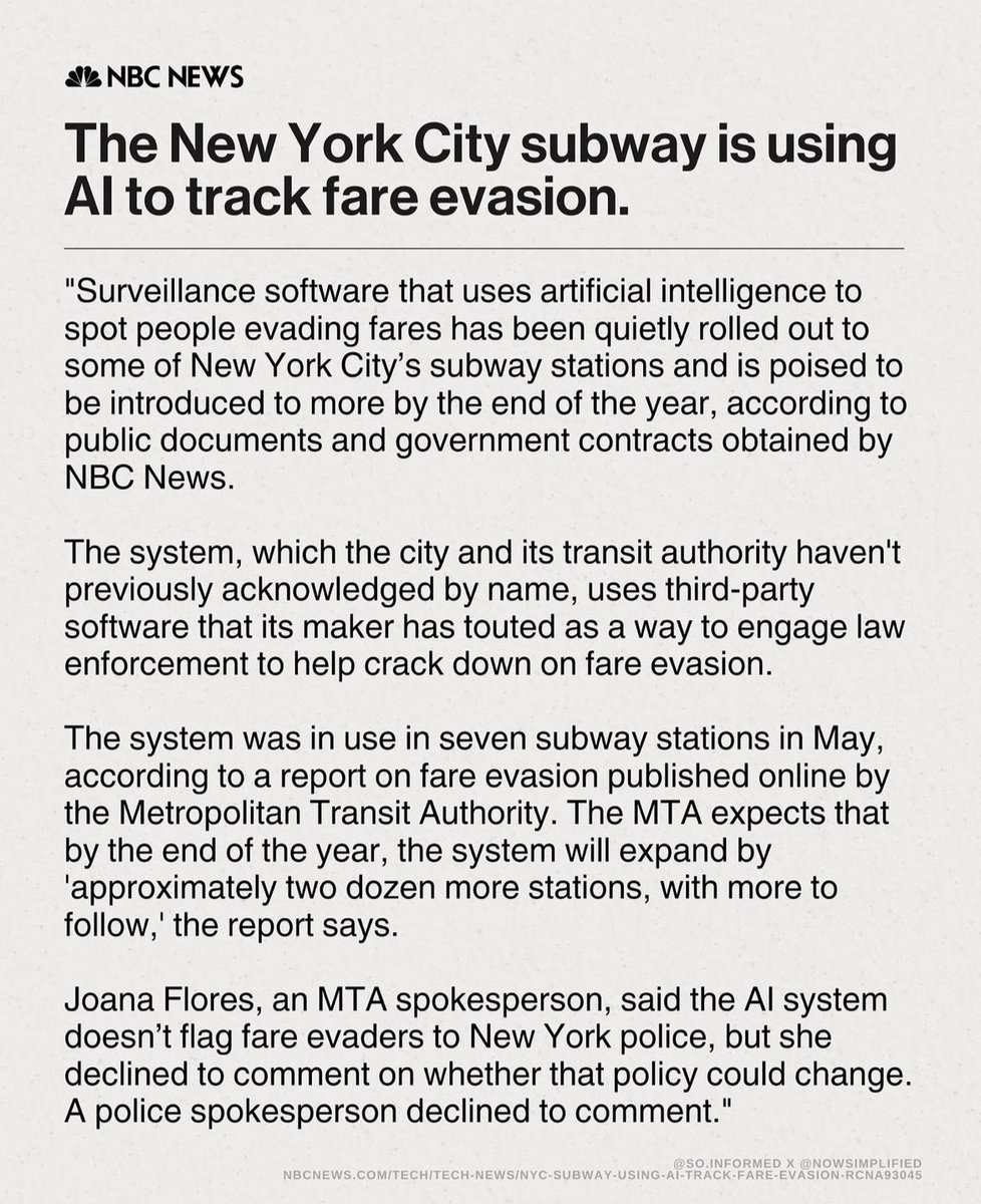 melodyskatess's tweet photo. Bruh it’s starting…

The MTA is using Al to track fare evasion. https://t.co/2umXV1ou9q