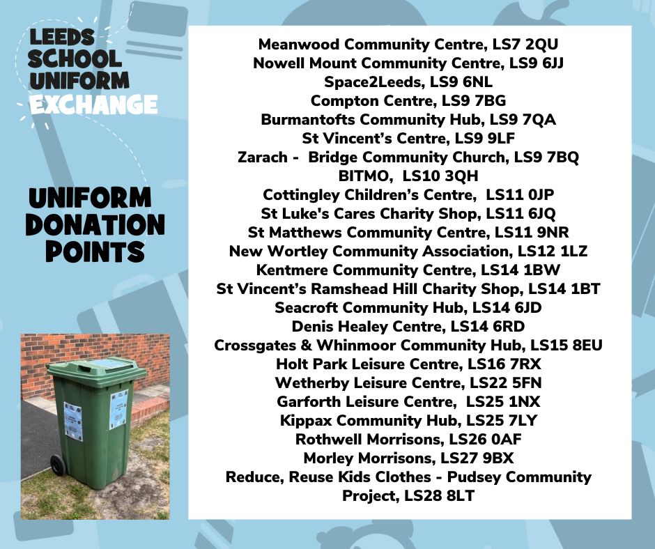 Now that the school year is coming to and end, we wanted to let you know where you can donate your unwanted school uniform. You can download a pdf which lists the full address details and the opening times from leedsuniformexchange.org.uk #Leedsschooluniformexchange