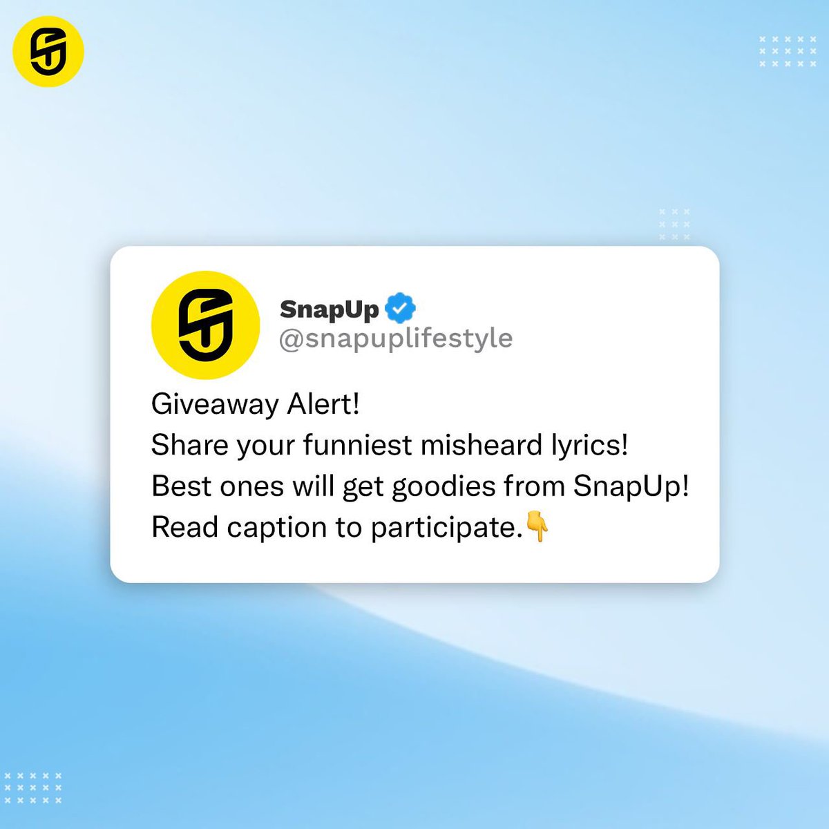 snapuplifestyle's tweet photo. #GiveAwayAlert!
Share your best misheard lyrics and the best one can get a chance to win goodies from us.
#SnapUp #SmartWatch #Neckband #earpods #contest #offer #giveaway #beasnapper #snapupyourlife #contest #contestalert #trending https://t.co/jMt3GCc57L