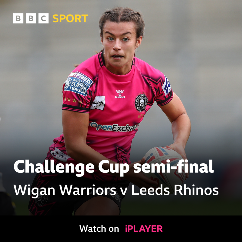 BBCSport's tweet photo. Last year’s runners-up, Leeds Rhinos, take on Wigan Warriors in the second semi-final of the Women's Challenge Cup! 🏆🏉

Watch LIVE now on @BBCiPlayer and the @BBCSport website &amp; app 📱📺

#BBCRugbyLeague #ChallengeCup