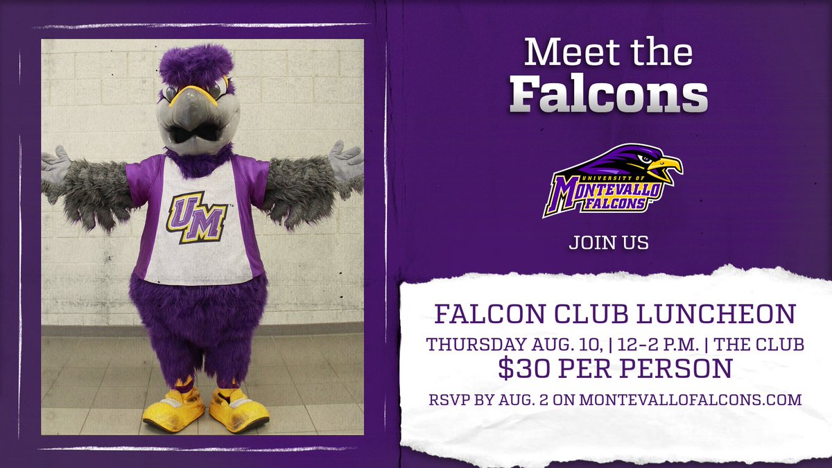 UMFalcons's tweet photo. Mark your calendars 🖊️

Join us on Thursday, Aug. 10 at The Club in Birmingham for the Falcon Club, "Meet the Falcons" Luncheon ‼️

⏰ 12-2 p.m.
🎟️ $30 per person

To RSVP, click here ➡️ https://t.co/AihFsFvpvK

For more info 👉https://t.co/Ps5A8klx6T https://t.co/oIlvOgX2k2