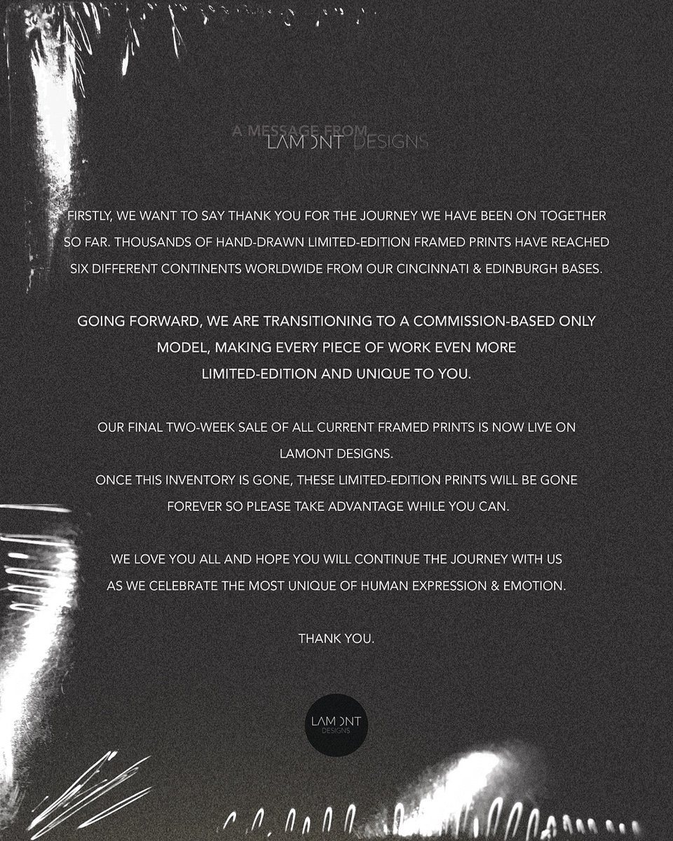 Next chapter is here. 

Lamont Designs 2.0.

All prints now on final sale until all inventory gone.