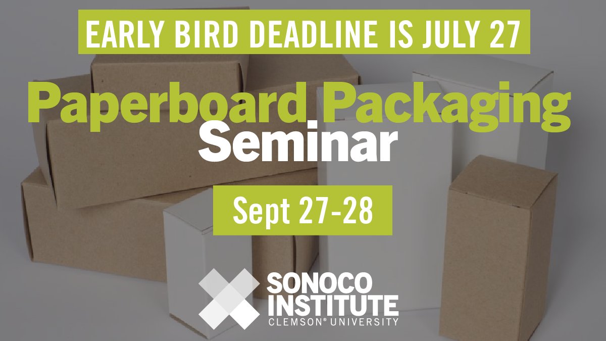 SonocoInstitute's tweet image. Less than 1 week to save $100 on the #Paperboard Packaging Seminar!  Individuals doing #packaging design, sales, specification, purchasing, scheduling, quality control &amp;amp; production management will benefit. Join us Sept 27-28 at @ClemsonUniv! ecs.page.link/DQiEj @ClemsonCAFLS