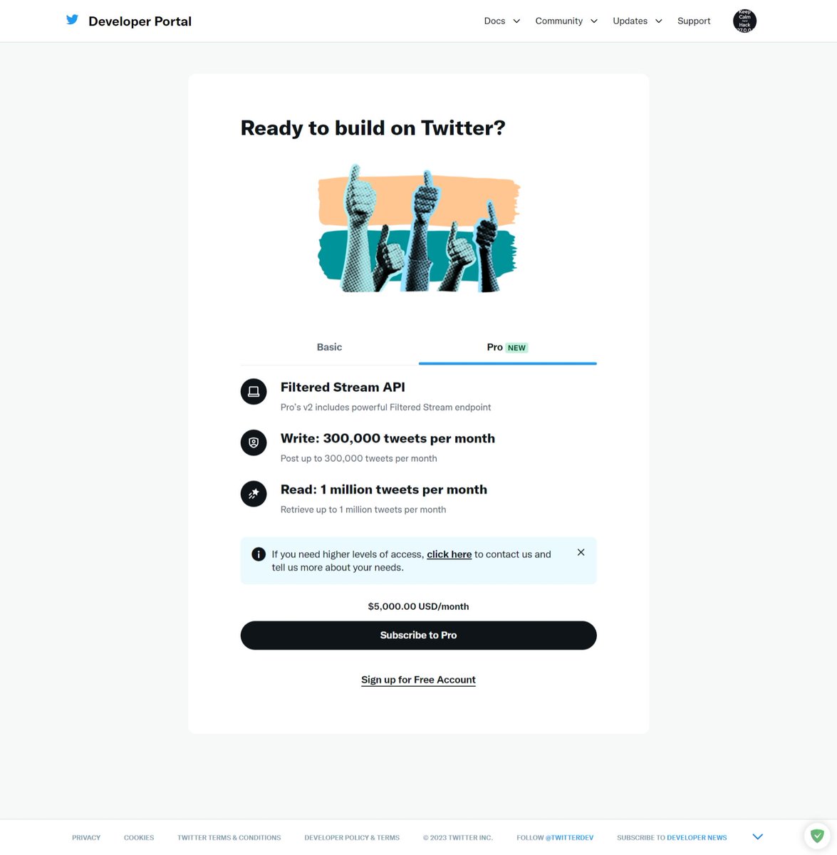 상황보고입니다. 퇴근해서 개발자센터에 들어가봤더니 기존 개발자계정 정보는 사라지고 한달에 5천달러내고 구독하라는 안내가 반겨주는군요. 그나마 신간만화봇 계정은 남아있긴 한데 API 버전이 낮아서 사용하지 못한다고 합니다.