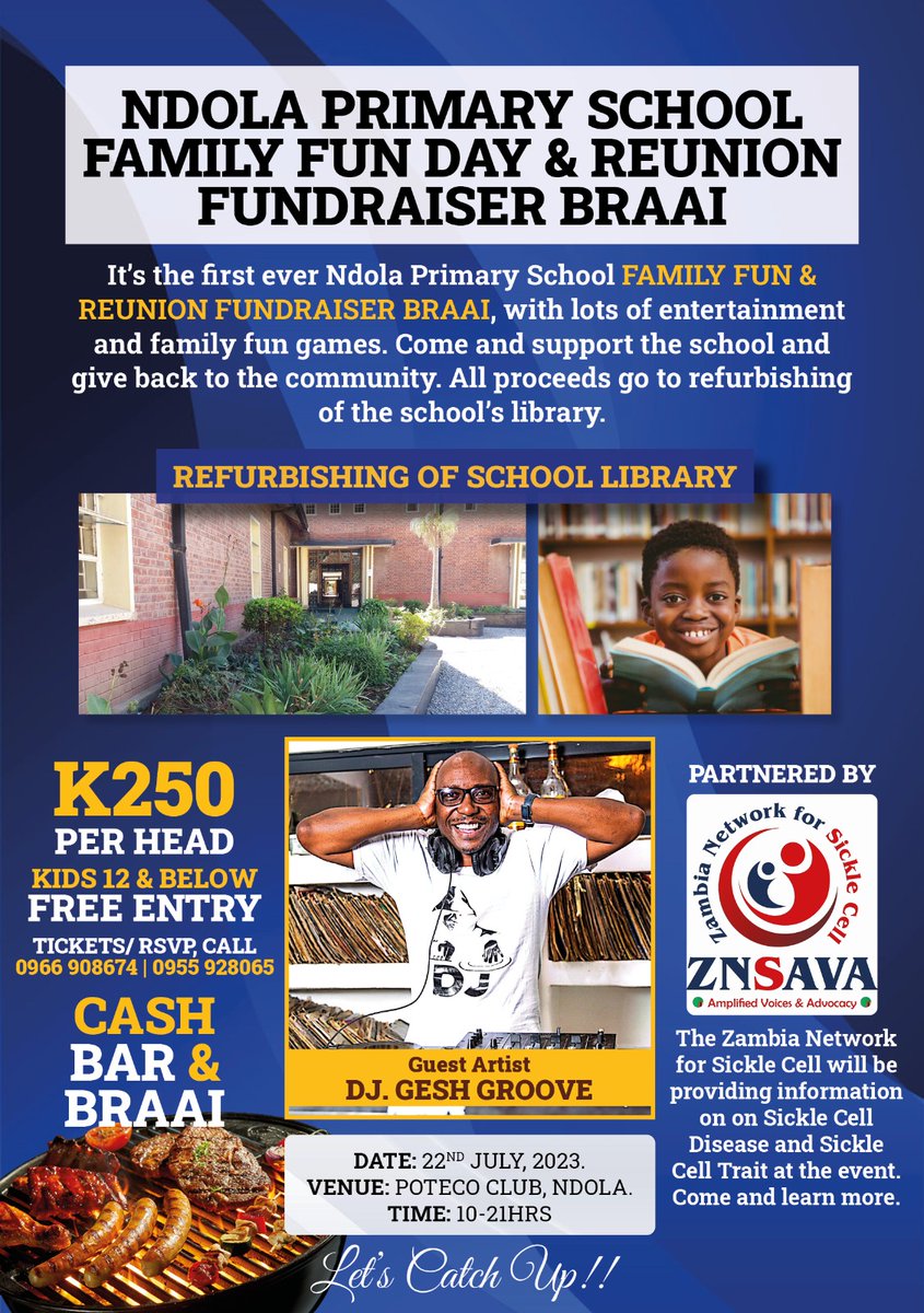 znsava's tweet image. Tomorrow Saturday 22nd @znsava will be in Ndola participating in the Ndola Primary School Family Fun Day &amp;amp; Reunion Fundraiser Braai supporting our partners The Zambia I Want 

This will be at Poteco club from 10am until 21 hours, a day full of different activities and fun.