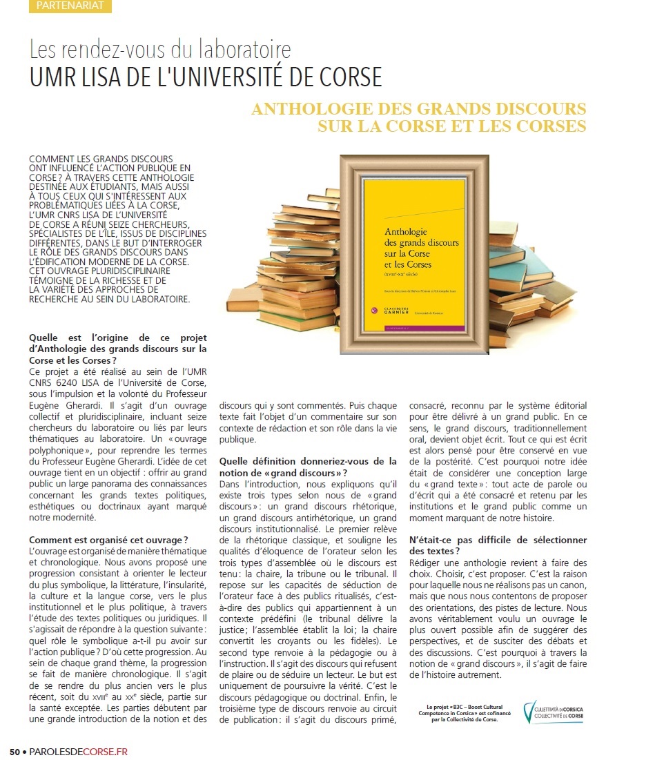 Truverete qui sottu l'articulu esciutu in <a href="/ParolesdeCorse/">Paroles de Corse</a>  nant'à u libru "Anthologie des grands discours sur la Corse et les Corses". Un travagliu cumunu fattu da i ricercadori di l'<a href="/umrlisa/">UMR LISA</a> .
Retrouvez ci-dessous l'interview.
<a href="/UnivCorse/">Università di Corsica</a> <a href="/CNRS_dr12/">CNRS Provence et Corse</a> @INSHS_CNRS