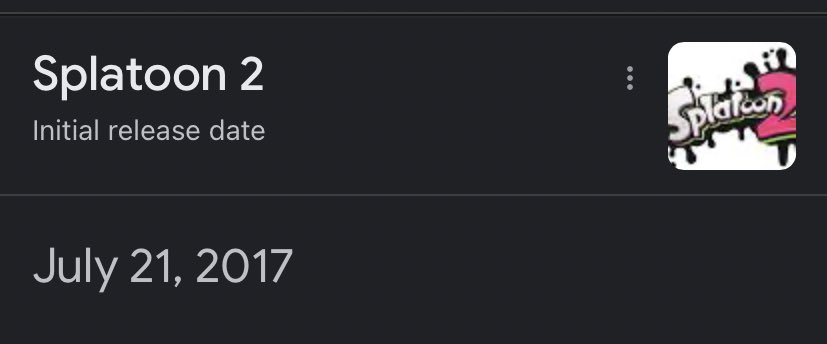 Hey! Did you know that Splatoon 2 is a 6 year old third-person shooter game developed and published by Nintendo for the Nintendo Switch. It was released on July 21, 2017, as a direct sequel to Splatoon https://t.co/reVcT7KMsg
