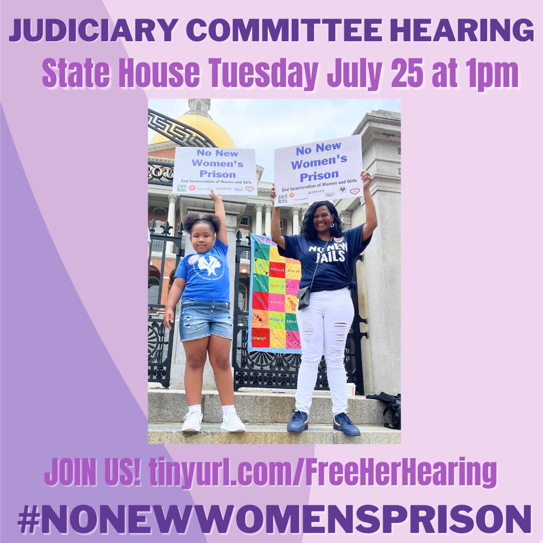 IMPORTANT ANNOUNCEMENT!

We're packing the hearing room to PASS THE PRISON MORATORIUM!

Judiciary Committee Hearing 
State House Room A1
Tuesday July 25 
1pm

tinyurl.com/FreeHerHearing

We're also supporting legislation to END LWOP +mandatory minimums for drugs!

#NoNewWomensPrison