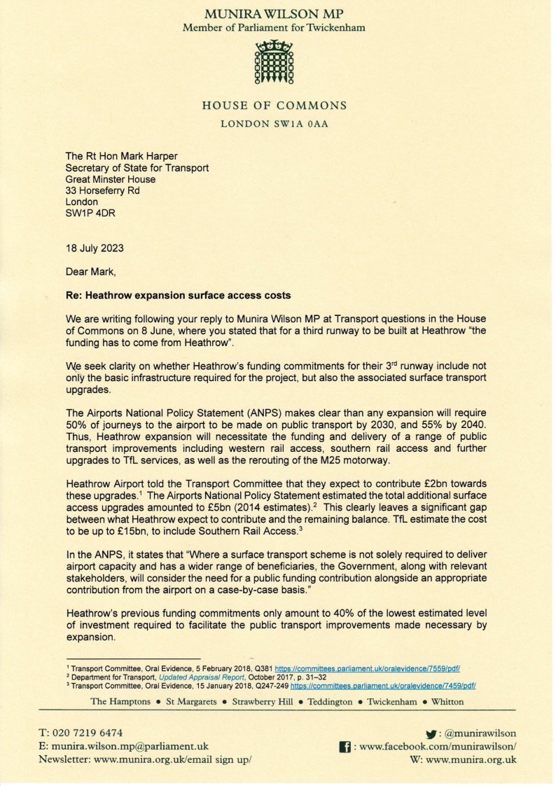 munirawilson's tweet photo. I and other MPs have written a cross-party letter to the Transport Secretary seeking clarity on Heathrow’s funding commitments, and what assessment they've made of if any of the gap would qualify for a financial contribution from the public purse. https://t.co/8pDM78CAH0