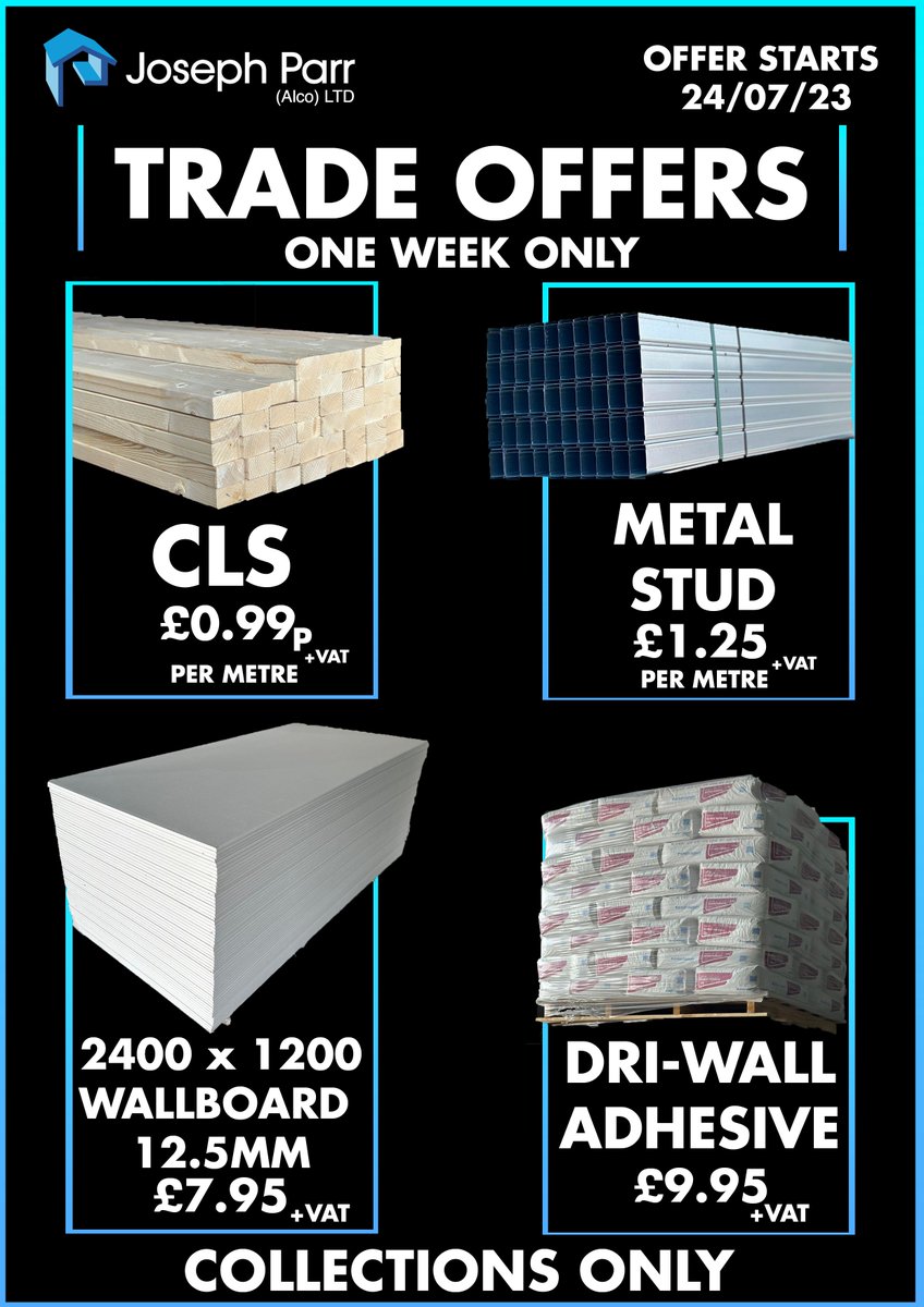 JosephParrAlco_'s tweet photo. Trade Offers  - Starting 24/07/23

#offers #discount #manchester #oldham #oldhamhour #manchester #metal #studding #wallboards #driwall #plastering #building #landscaping https://t.co/0uPUOVuwqP