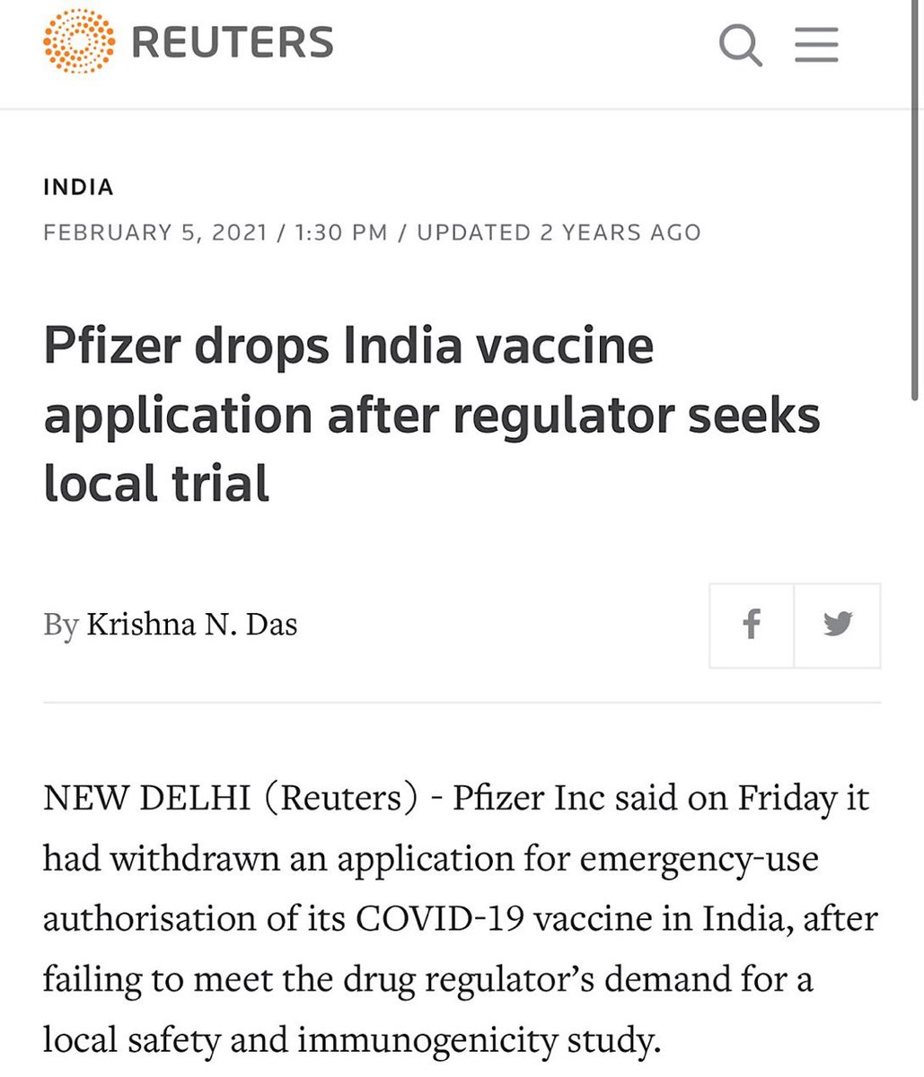 The Indian govt was happy to give Pfizer access to its 1.4 billion person market. All they had to do was perform a local double blind placebo controlled trial to prove safety. Pfizer chose to leave India instead.