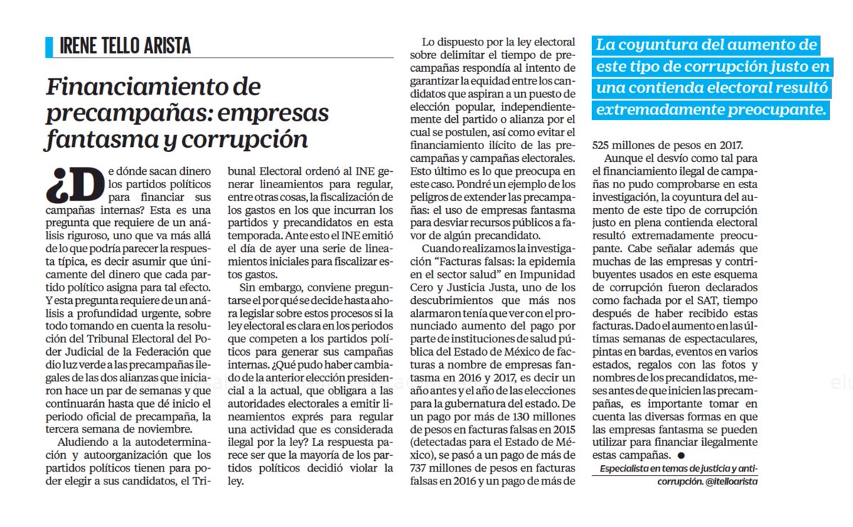 Uno de los riesgos de extender las precampañas es el aumento del financiamiento ilícito. Como usar empresas fantasma para desvío de recursos públicos. Esto lo vimos en la investigación 'Facturas falsas: la epidemia en el sector salud.' Escribo de esto hoy en @El_Universal_Mx