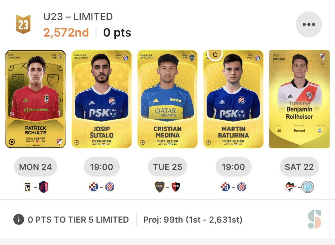 SorareMonkey's tweet photo. A few hours left to enter the draw for this ⬇️. I'll draw around 6pm BST today. 

These are a few of the teams on #sorare this weekend that the winner will be sweating for rewards... 😅 🤞 https://t.co/3GgB7VK18g