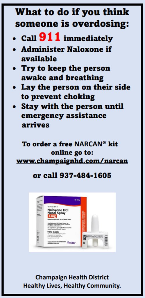 ChampaignHealth's tweet photo. Did you know that we offer free Narcan? To order a free narcan kit, visit https://t.co/9YbZ3jv0bF or call us 937-484-1605. https://t.co/oidnTzVcvW
