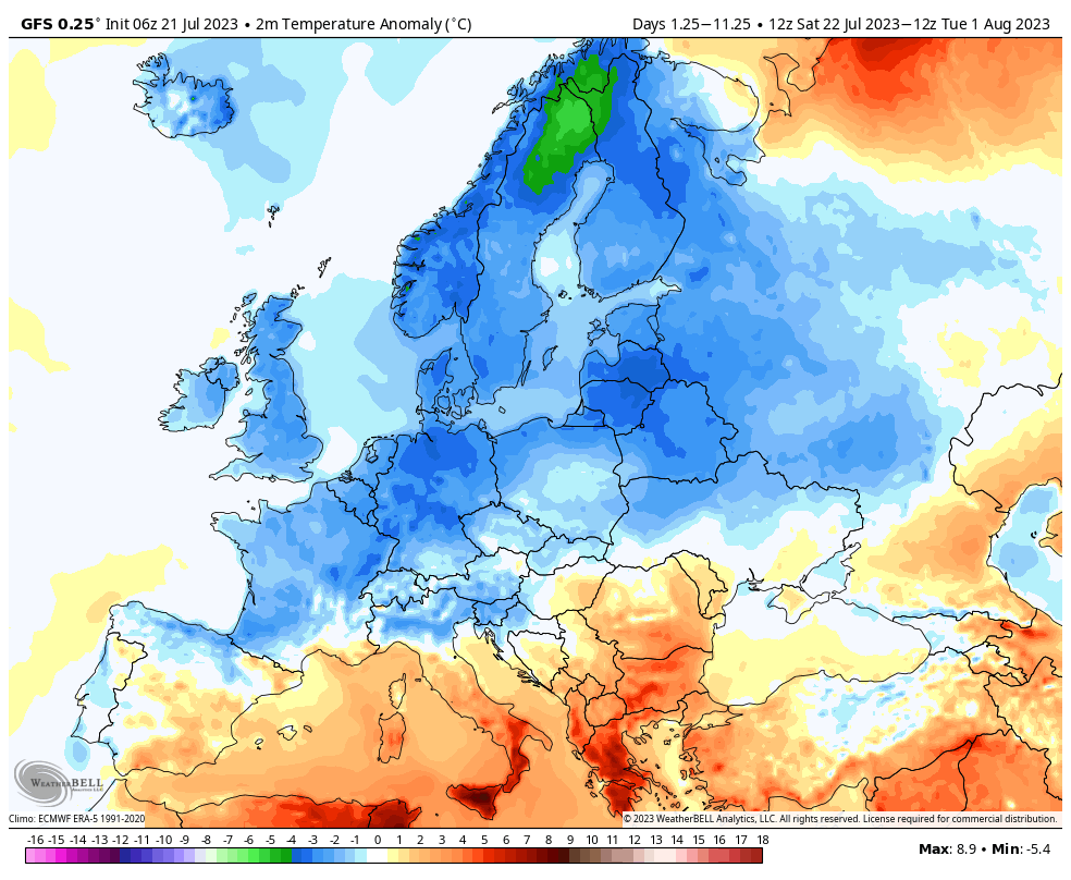 BigJoeBastardi's tweet photo. Look at this map. But what would the headline given the agenda driven zealots be? Truly hot weather now driven into extreme south. Why no headlines about summer essentially being driven out in much of Europe https://t.co/2cBVTx8Oba