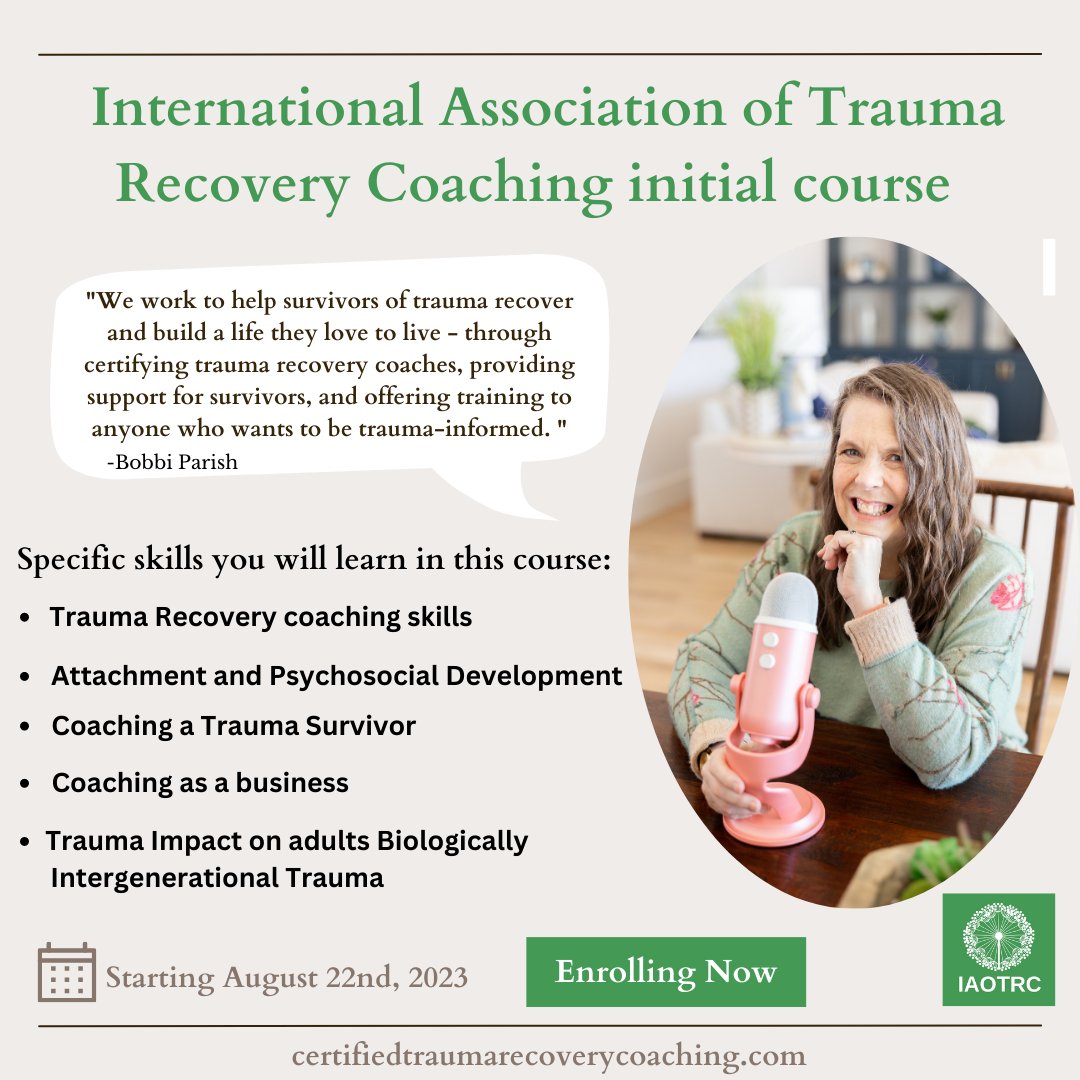 The International Association Of Trauma Recovery initial Coaching Course is open for Registration. Starting August 2023. Sign up now with the link bellow-
certifiedtraumarecoverycoaching.com/initial-certif…
#education #onlinecourse #iaotrc #Trauma #certification #traumainformed #mentalhealth #traumacoaching
