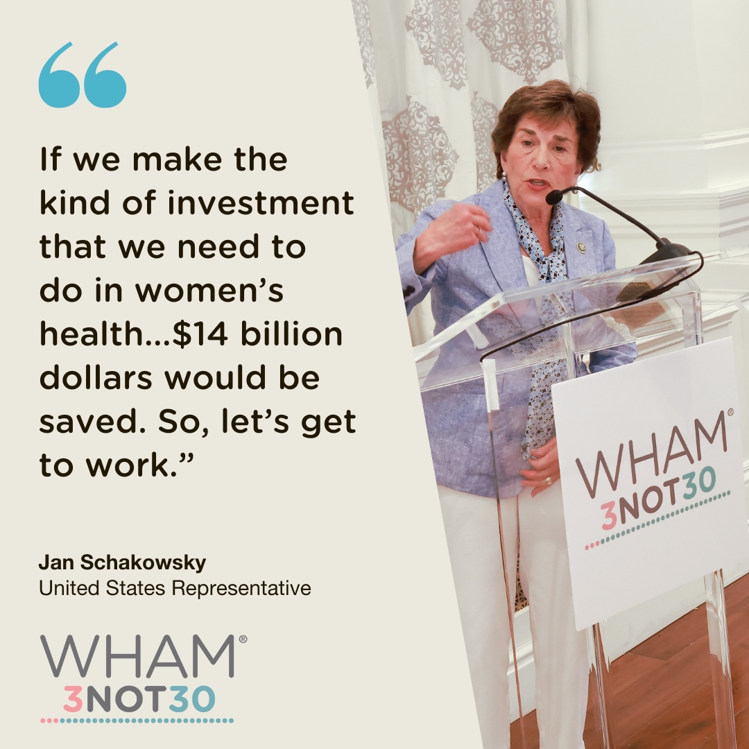 Rep. Jan Schakowsky spearheaded a resolution in Congress to expand women's health research & unlock untapped potential for the U.S. economy. Let's make #3Not30 a reality, doubling research funding & saving billions in healthcare costs. Visit whamnow.org/how-to-help.