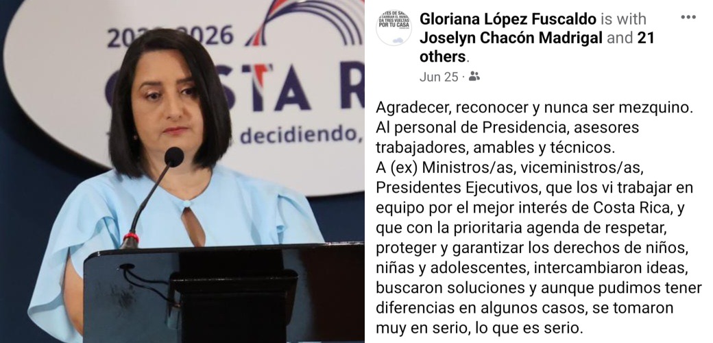 ¡Ayer me quedé realmente sorprendido con todo lo que dijo doña Gloriana!  En algún momento miente , sus declaraciones de ahora y las de hace unos días atrás no coinciden en lo absoluto. 
El 19 de junio renuncia , pasan unos días y el 25 ,se supone con cabeza fría, publica el