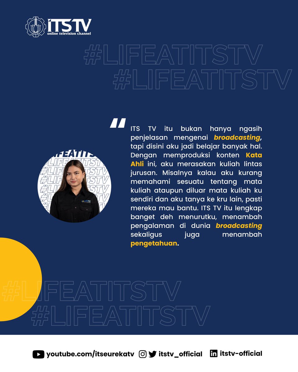 ITStv_official's tweet photo. Contohnya seperti Lintang, dia merupakan mahasiswa PWK. Namun siapa sangka, di ITS TV Lintang memperoleh ilmu tentang kapal selam. Tentu saja ilmu ini tidak didapatkan di jurusannya. Bagaimana pengalaman Lintang merasakan kuliah lintas jurusan? Yuk simak postingan berikut ini. https://t.co/A88H5cAqTV