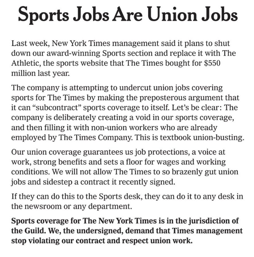 The <a href="/nytimes/">The New York Times</a>'s decision to replace our Sports desk is clear union-busting. I stand with more than 1,000 <a href="/NYTimesGuild/">NYTimesGuild</a>, @WirecutterUnion + <a href="/NYTGuildTech/">New York Times Tech Guild</a> members in demanding that Times management stop violating our contract and respect union work.