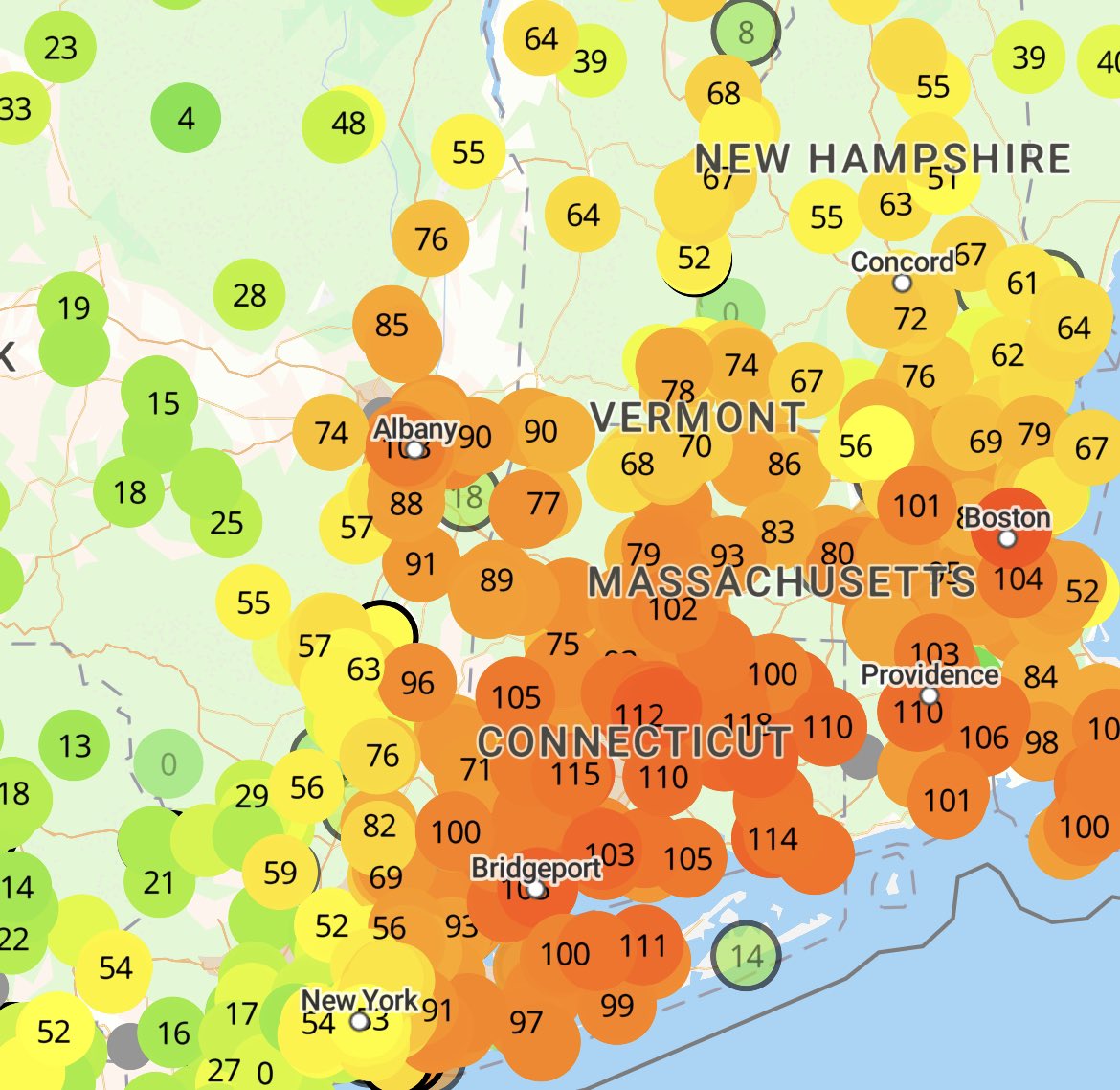 Air quality not great this morning behind the warm front, but better behind the cold front to our west…. No Air Quality Alerts are up, but some are noticing the poorer air this morning… AQIs from PurpleAir attached… https://t.co/9ismS04SrD