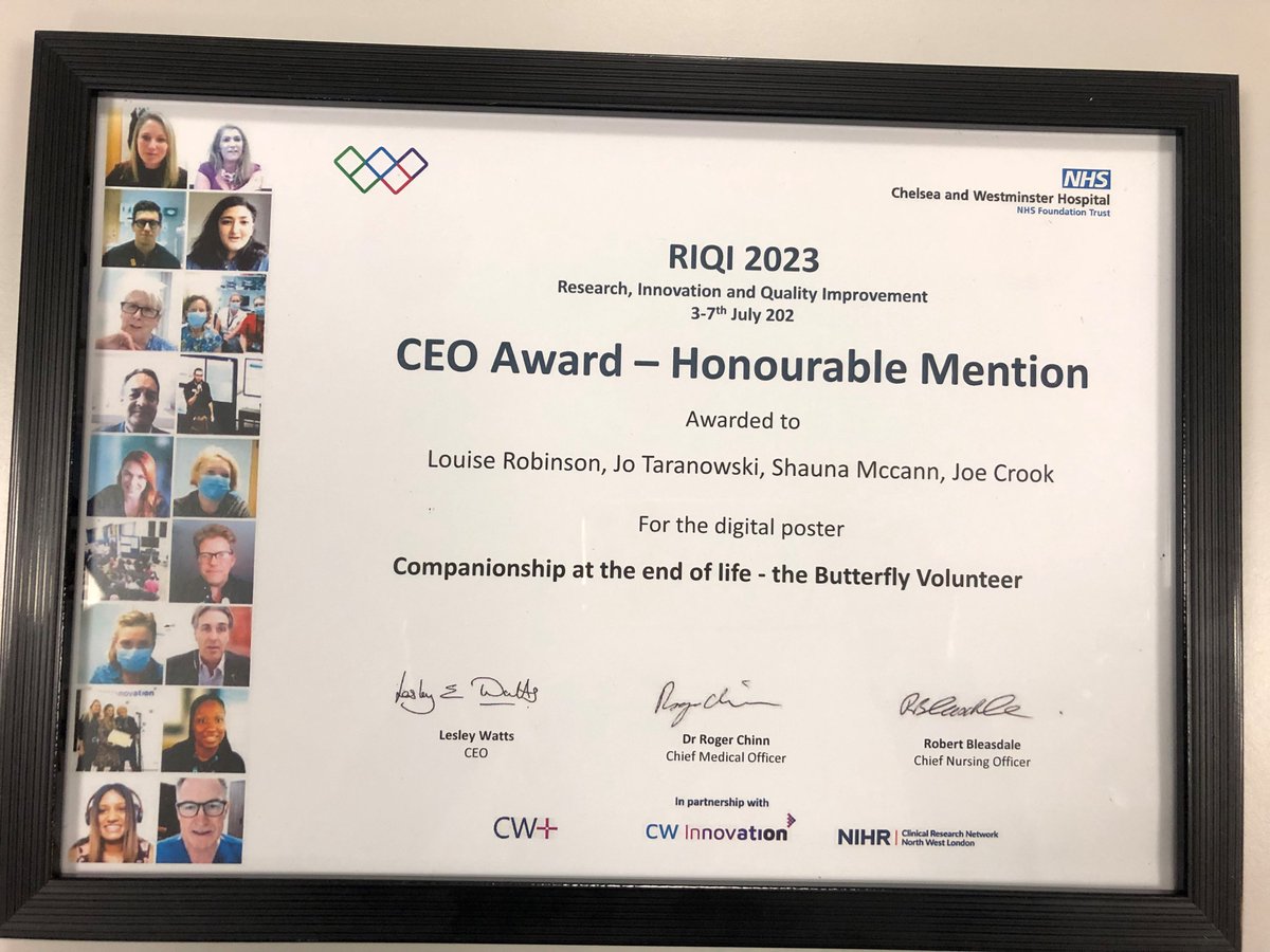 We would like to thank our Butterfly Volunteers for their compassion and support providing companionship to our end of life patients. This CEO Award with an Honourable Mention is recognition for the amazing work our team does when working in collaboration. #proud #volunteer