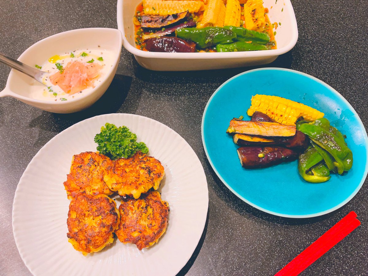 xoxo_ma's tweet photo. 甘いとうきびが手に入ったので😊とうもろこしのまん丸揚げ、夏野菜の南蛮漬け、豆腐ビシソワーズ。@imaimamigohan さんのレシピ、全部美味しくて作るのも楽しい！ https://t.co/kw3NRS9oaQ