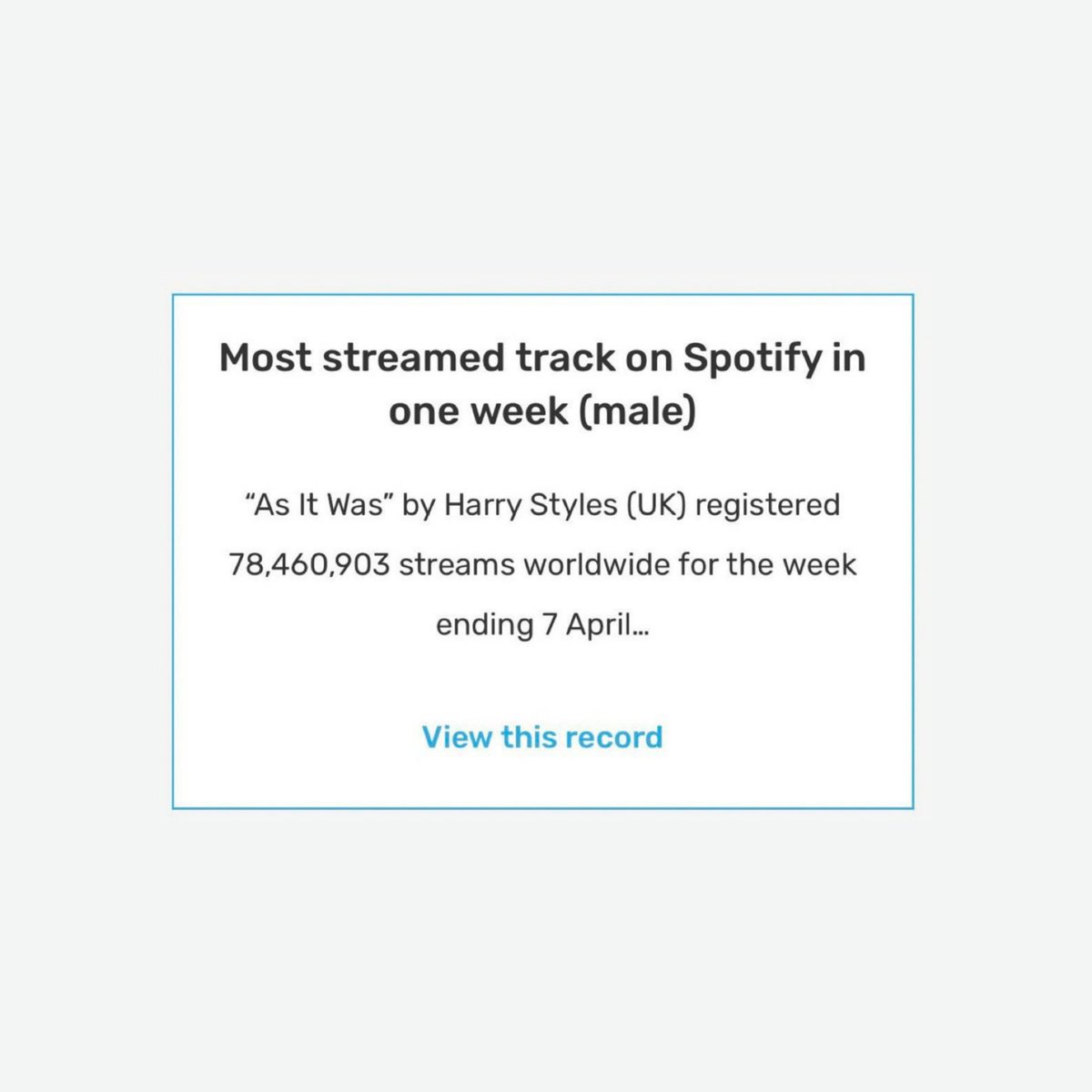 theHScrave's tweet photo. 🏆| "As It Was" by @Harry_Styles still hold the record of the most streamed song by a male artist in a day, a week and a year in Spotify's history.

— Source: @GWR https://t.co/b7T5S7Ei6Z