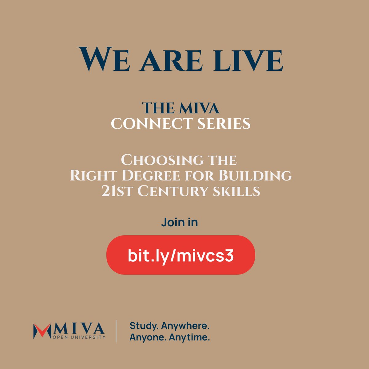 Join us for the Miva Connect Series and learn how to choose the right degree to build your 21st-century skills.

Don't miss out!

Join in: bit.ly/mivcs3

#MivaConnectSeries #MivaOpenUniversity #Education #OnlineLearning #StudyatMiva #EdTechChat