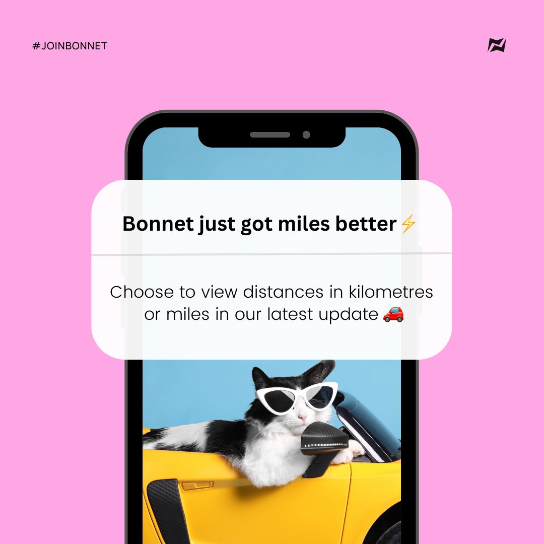 📣 It's Feature Friday 📣 You asked to be able to choose to view distances in miles or kilometres...and now you can 🚘 Don't forget you can request features you would like to see in the Bonnet app over at bonnet.upvoty.com 🤩 #joinbonnet #bonnet #evcharging #chargingapp