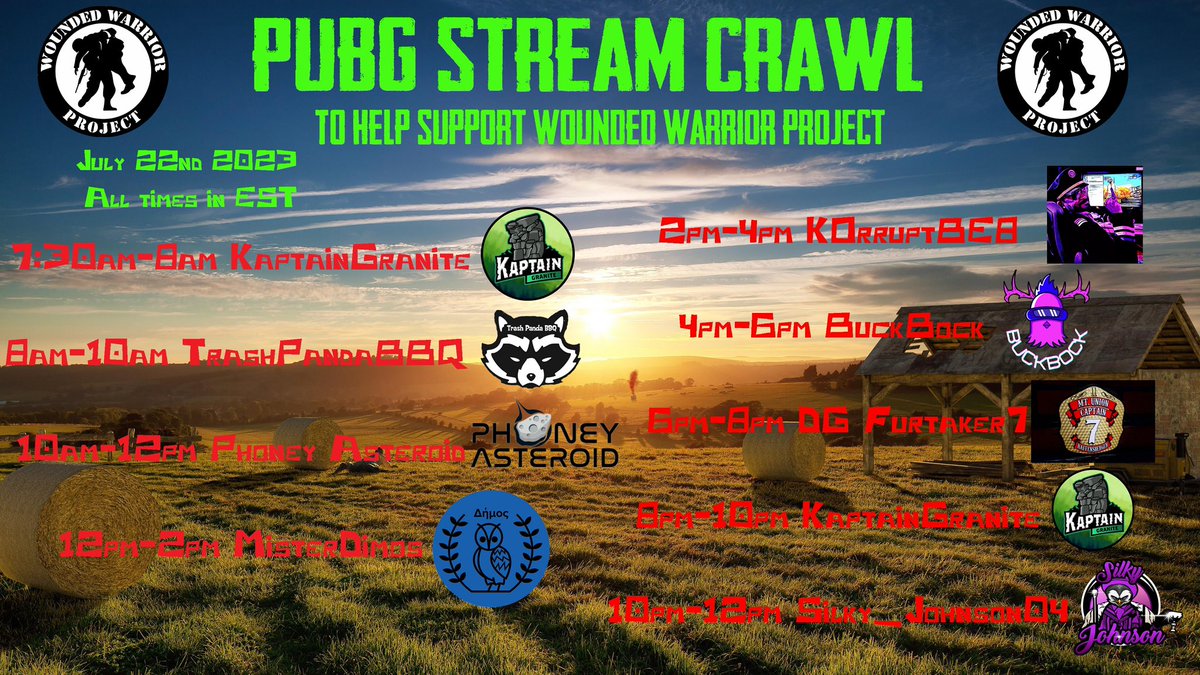 KaptainGranite's tweet photo. Tomorrow is going to be an absolute blast! If you get a chance please check out these amazing streamers as we all are streaming for a cause to raise money and support @wwp #twitch #pubg #xbox https://t.co/Tm4HVg6ZJN