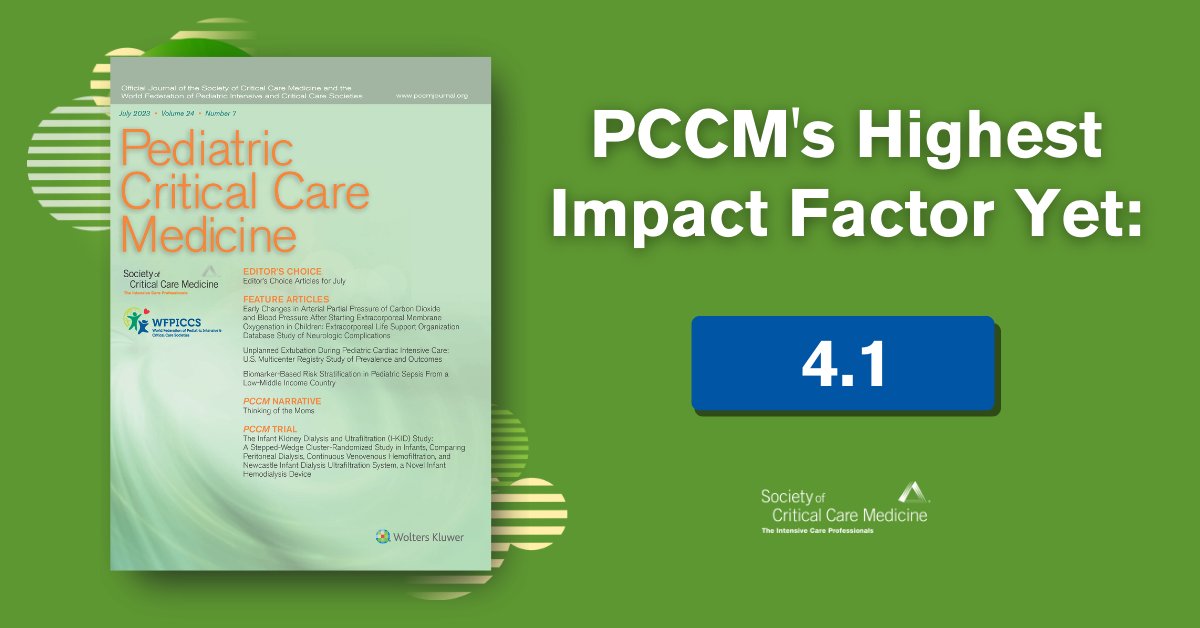 SCCM's tweet photo. @PedCritCareMed has achieved its highest impact factor yet! Thank you to the authors, reviewers, &amp; editorial boards for their contributions &amp; dedication to ensuring PCCM remains a trusted source for #PedsICU content. Check out top-cited articles: https://t.co/zywO8UJLJ3
#SCCMSoMe https://t.co/4nD8JBo6lL