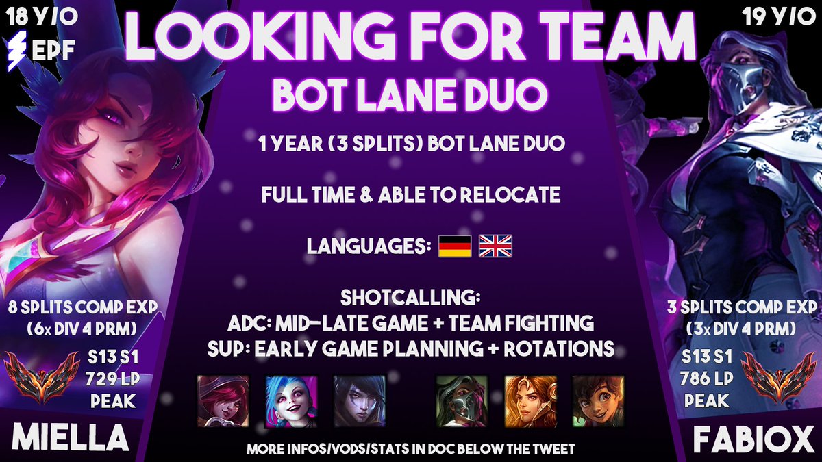 After <a href="/SLRORG/">Solaris E-Sports</a> will disband at the end of this Split

@Fabiox20111 &amp; me will go looking for team as a GM Bot Lane Duo!

We are full time and our goal is to compete at the highest levels

We are open to all offers!

More info &amp; VODs below 🔽

Likes &amp; Retweets are appreciated! ♥