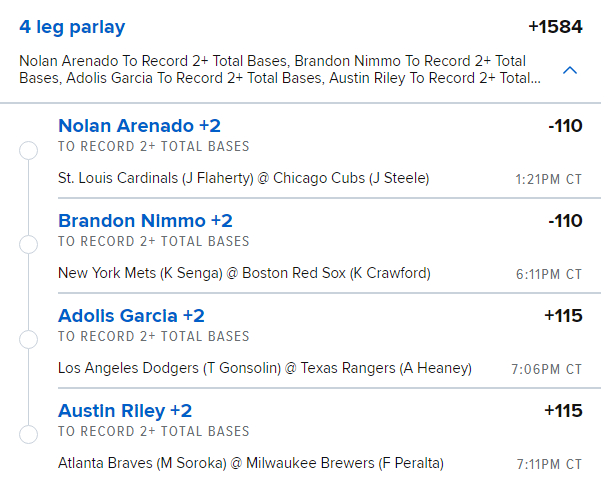 Total Bases from the AI🤖

Projections:
📝Arenado: 3.88
📝Nimmo: 2.99
📝Garcia: 2.68
📝Riley: 3.24 

Parlay &amp; Straights. If this goes 4-0 I will give away a FREE membership! Like &amp; RT!🚨