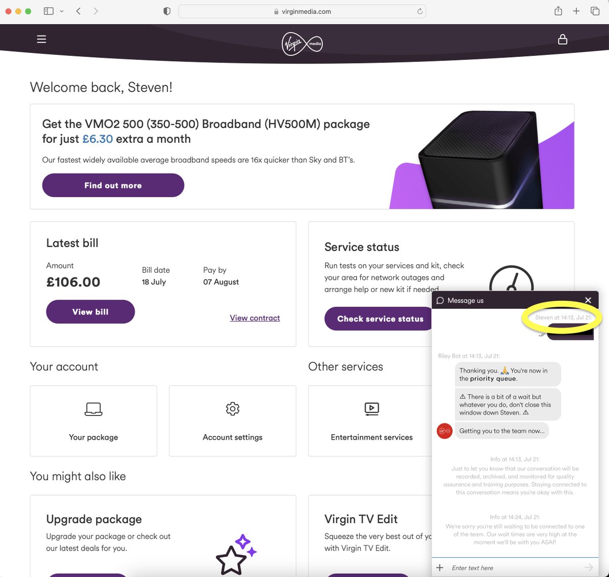 45 mins and still in a queue  and I want to leave!!!
Thanks <a href="/virginmedia/">Virgin Media ❤️</a>  29 years loyalty through Comcast, Ntl and your shower!!Can't even leave